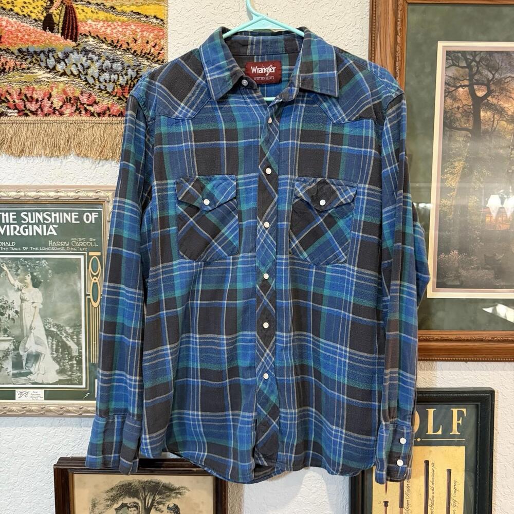 Vintage 80s/90s RARE Wrangler Blue Plaid Pearl Snap Men’s Polo Shirt Size L/XL